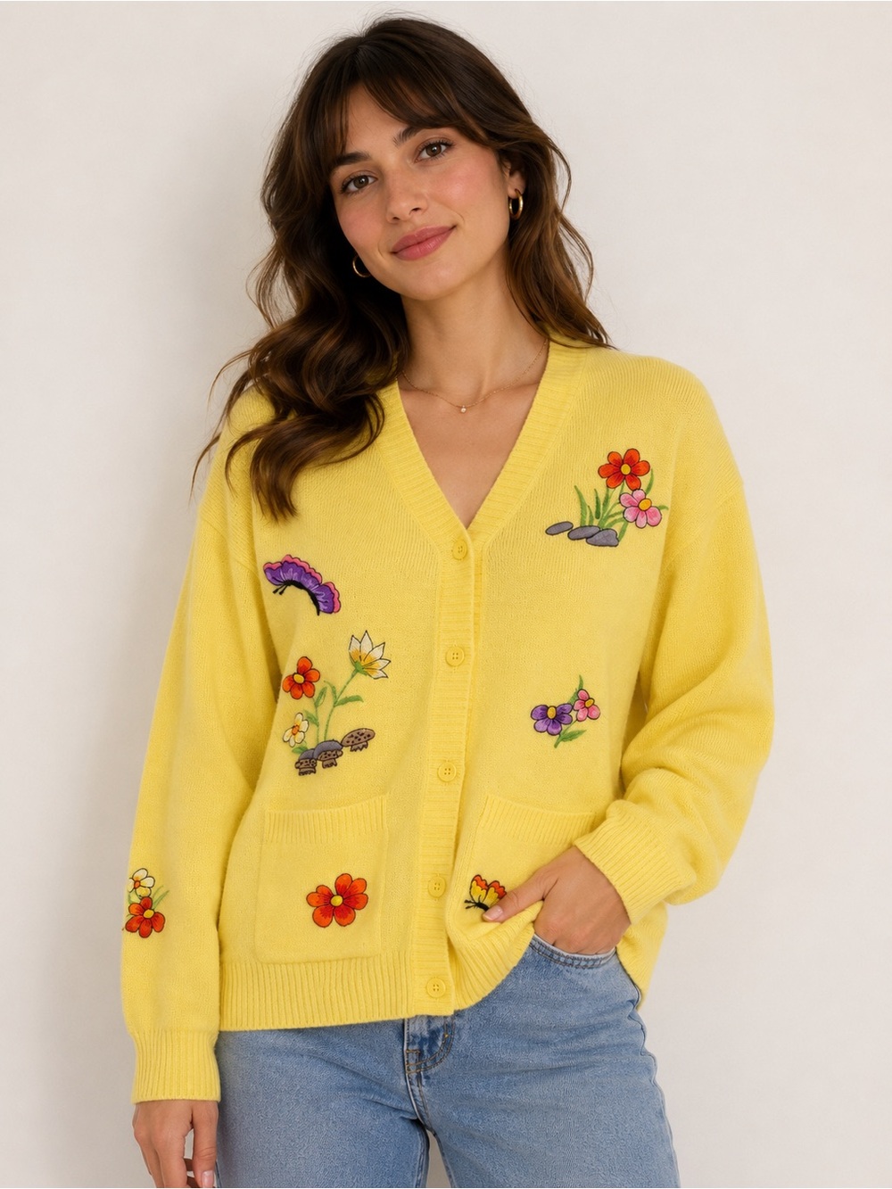 VTG Lady LaMode Yellow Embroidered Butterfly Floral Cardigan Sweater M USA